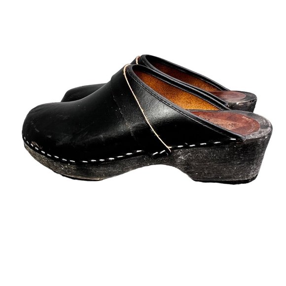 Vintage Nowa Li Anatomisk Swedish Clogs Black Leather size 10 Women 41 Wood - Picture 2 of 8